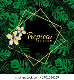 Hermoso marco tropical con hojas de monstera y flores en un fondo negro. Antecedentes vectoriales para vacaciones, invitaciones de boda y diseño de tarjetas de felicitación.