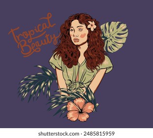 beautiful tropical girl with flower vector art, women face with curly hair vector illustration, cute lady, summer beach t shirt design