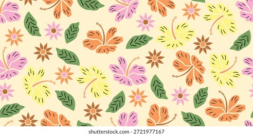 Hermosa moda de patrón floral de hibisco tropical, mirada suave, linda, suave. Diseño de flores de hibisco dulce para ropa de verano, camisas, sombreros de sol, bolsos. Estampado floral de hibisco sin costuras. color amarillo crema.