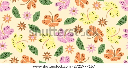 Beautiful tropical hibiscus floral pattern fashion, gentle, cute, soft look. Sweet hibiscus flower design for summer wear, shirts, sun hats, bags. Seamless hibiscus floral print. cream yellow color.