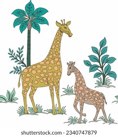 Hermoso patrón tropical horizontal sin costura con animales acuarelas pintados a mano y palmeras. Animales africanos: jirafa, cebra. Arte botánico.