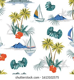 Beautiful tropical island seamless pattern vector EPS10 background with  palm trees, mountain, monstera. Isolated on white background with wind surfing illustration.