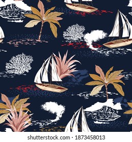 Beautiful tropical island seamless pattern with palm trees, mountain, corals ,sailboat silhouettes, sun, illustration,Design for fashion , fabric, textile, wallpaper, cover, web , wrapping 