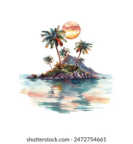 beautiful tropical island with sunset view vector illustration in watercolor style