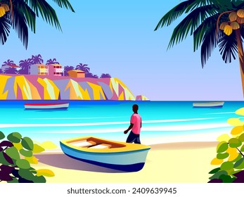 Schöne tropische Landschaft mit Strand, Fischerboot, Insel und Meer im Hintergrund. Handgefertigte Zeichenkette, Vektorgrafik. Retro-Style-Illustration.