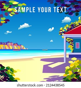 Beautiful Tropical landscape with beach, house, island and the sea in the background. Handmade drawing vector illustration. Retro style illustration.