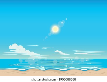 Beautiful tropical landscape with bright sun, beach and brilliant sea. Rest and travel. Vector illustration.