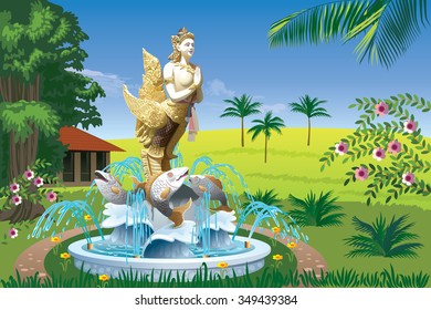 Beautiful tropical landscape with a fountain with a gold bird-girl
