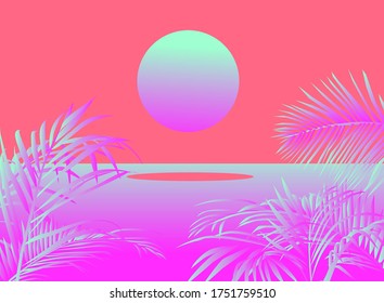 Beautiful tropical landscape with palm trees and sea. Vaporwave and synthwave style illustration in neon pastel violet and pink colors.