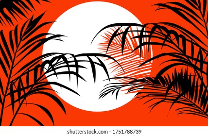 Beautiful tropical landscape with palm trees and moon in the red sky. Oriental minimal style.