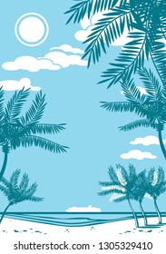 Beautiful tropical landscape with palms silhouettes and cruise ship on a horizon. Retro style drawing.