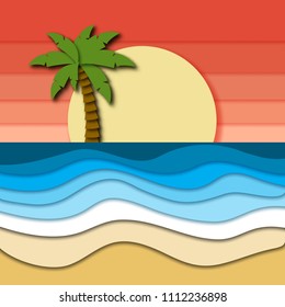 Beautiful tropical landscape with pink sky, sunset, plam tree on horizon and sea or ocean waves at sand beach. Summer vacation concept. Paper cut out style vector illustration.