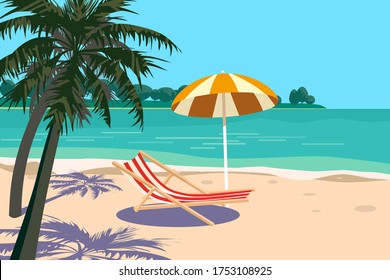 Beautiful tropical landscape seascape, lounge chair, umbrella, banner holiday vacation. Summer beach on sea ocean coast, palms sand surf. Vector isolated cartoon style