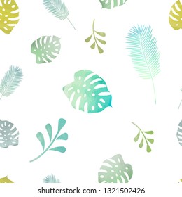 A beautiful tropical leaf seamless pattern with watercolor palm leaves in trendy pastel colors on a white background. Vector illustration.