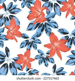 beautiful tropical leaves and flowers vector seamless pattern, trendy fabric print