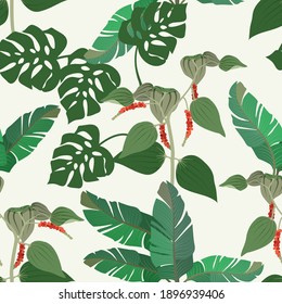 Beautiful tropical leaves on a light background. Seamless vector illustration. For decorating textiles, packaging, wallpaper.