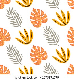 Hermosas hojas tropicales con un diseño impecable, follaje natural moderno dibujado a mano. Plantas de verano, imprenta textil, ropa, papel pintado, papel de envoltura. Diseño de superficie moderno.