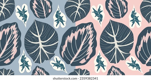 Beautiful tropical leaves. Seamless pattern . multi-colored leaf, monstera leaves, flower line for wallpaper design, covers, postcard packaging. Design for cosmetics, products, spa, decor.