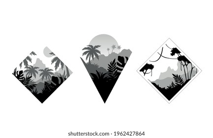 Beautiful Tropical Mountain Landscape with Palm Trees Set, Monochrome Rainforest Scenery in Geometric Shapes Vector Illustration