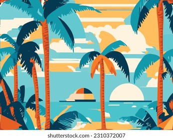 A beautiful tropical ocean view with palm trees. Modernist vector illustration