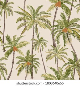 Beautiful Tropical Palm Hawaii Seamless Pattern, Vintage Hawaii Style, Palm Hand Draw Illustration , Palm Vector Illustration On Beige Background Wallpaper