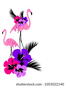 beautiful tropical palm leaves and flamingo, watercolor