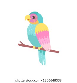 Beautiful Tropical Parrot Sitting on Perch Vector Illustration