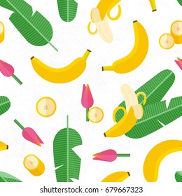 Beautiful Tropical pattern with Bananas in flat design style. Seamless Banana background for your design. Tasty and juicy texture with flowers, Leafs and Bananas