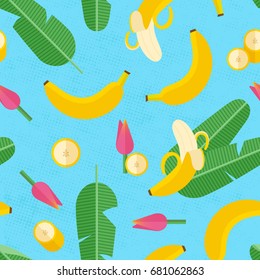 Beautiful Tropical pattern with Bananas in flat design style. Seamless Banana background for your design. Tasty and juicy texture with flowers, Leafs and Bananas
