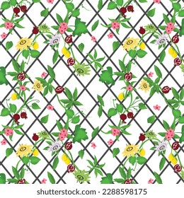 Beautiful Tropical Pattern with botanical elements,palm,passion flower and tropical fruits on the black and white geometric pattern. vector image of tropical seamless pattern of leaf,fruits and flower