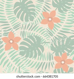 Tropical Coral Flowers Leaves On Vintage Stock Vector (Royalty Free ...