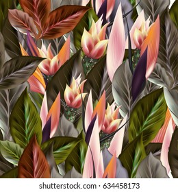 Beautiful tropical pattern with green and orange leafs