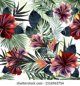 Beautiful tropical pattern with green palm leaves and hibiscus flowers design ideal for fabric