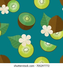 Beautiful Tropical pattern with Kiwi in flat design style. Seamless Kiwi background for your design. Tasty and juicy texture with flowers, Leafs and Kiwies