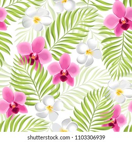 Beautiful Tropical pattern. Palm leaves, Orchids, Frangipani flowers. Floral seamless pattern. Tropical nature summer background.