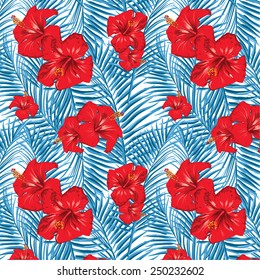 beautiful tropical pattern with palm leaves and hibiscus flowers trendy fashion fabric design