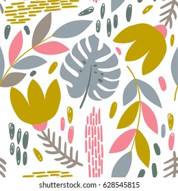 Beautiful tropical pattern with pink, gray and gold leaves.