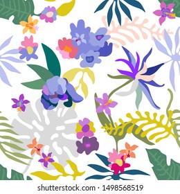 Beautiful tropical pattern. Seamless vector pattern with palm leaves and blooming exotic flowers. Swimwear textile collection. On white background.