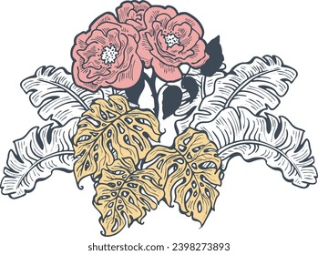 Beautiful tropical plants and flowers collection, decorative vector elements composition for invitation design, wedding arrangement. cover deco. Hand drawn illustration, romantic holiday vacation.