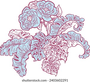 Beautiful tropical plants and flowers collection, decorative vector elements composition for invitation design, wedding arrangement. cover deco. Hand drawn illustration, romantic holiday vacation.