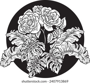 Beautiful tropical plants and flowers collection, decorative vector elements composition for invitation design, wedding arrangement. cover deco. Hand drawn illustration, romantic holiday vacation.