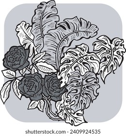 Beautiful tropical plants and flowers collection, decorative vector elements composition for invitation design, wedding arrangement. cover deco. Hand drawn illustration, romantic holiday vacation.