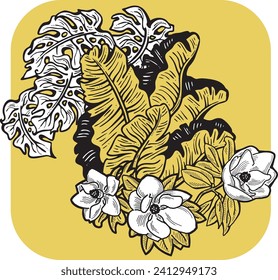 Beautiful tropical plants and flowers collection, decorative vector elements composition for invitation design, wedding arrangement. cover deco. Hand drawn illustration, romantic holiday vacation.
