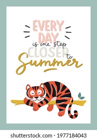 Beautiful tropical print with cute elements and lovely typography. Hand drawn vector illustrations and lettering. Cartoon style illustration for summer decorations, poster, banner, cards design.