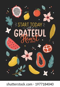 Beautiful tropical print with exotic fruits and plants. Lovely vector typography with elements. Hand drawn illustrations and lettering. Perfect for summer decorations, poster, banner, cards design.