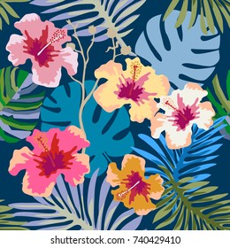 Beautiful tropical print. Seamless vector pattern with palm leaves and hibiscus flowers on dark green background. Design for aloha shirts, dresses, bags and cards.