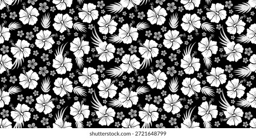 Beautiful tropical rainforest pattern. black white hibiscus flowers motif, hibiscus flower on a white background. Summer fabric patterns Hawaiian shirts. botanical motifs floral hibiscus.black white.
