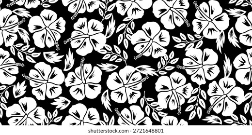 Beautiful tropical rainforest pattern. black white hibiscus flowers motif, hibiscus flower on a white background. Summer fabric patterns Hawaiian shirts. botanical motifs floral hibiscus.black white.