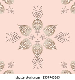 Beautiful, tropical repeat seamless pattern with natural elements and  loose pearls. Great for beach wedding invitations, textiles and fashion. Polynesian island vibe with blush pink and soft browns.
