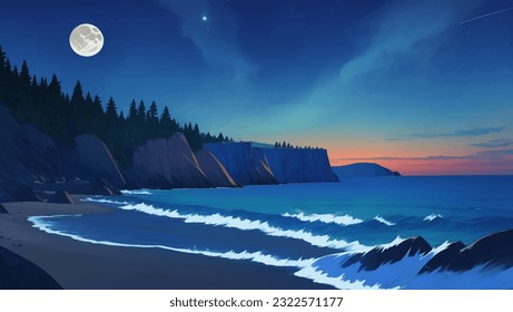 Beautiful Tropical Rocky Beach Scenery Seascape at Night with Moon Hand Drawn Painting Illustration